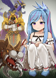 Rule 34 | 1boy, 1girl, absurdres, bare shoulders, blue hair, dog, dragon, duel monster, el shaddoll winda, eldlich the golden lord, gameplay mechanics, grass, highres, holding, holding leash, leash, long hair, macatatera, multicolored hair, pantyhose, pulao wind of the yang zing, purple eyes, rilliona (yu-gi-oh!), shoulder spikes, snyffus, spikes, streaked hair, winda (yu-gi-oh!), witchcrafter madame verre, yu-gi-oh!