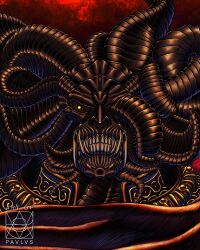 Rule 34 | 1boy, armor, artist name, black armor, black skin, colored skin, elden ring, highres, horns, looking at viewer, mohg lord of blood, no pupils, one-eyed, pavlvsjp, red background, sharp teeth, solo, teeth