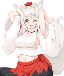 Rule 34 | 1girl, ;d, animal ear fluff, animal ears, arms up, black skirt, breasts, contrapposto, cowboy shot, fang, hat, inubashiri momiji, large breasts, looking at viewer, midriff, navel, one eye closed, open mouth, pom pom (clothes), red eyes, red skirt, rururiaru, shirt, short hair, sideboob, skirt, sleeveless, sleeveless shirt, smile, solo, tail, tokin hat, touhou, turtleneck, white background, white shirt, wolf ears, wolf tail