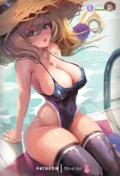 Rule 34 | 1girl, arm support, bare shoulders, black one-piece swimsuit, black thighhighs, breasts, brown hair, brown hat, cleavage, covered erect nipples, genshin impact, green eyes, hat, highres, jewelry, large breasts, lisa (genshin impact), long hair, low-tied long hair, mirai hikari, multicolored clothes, multicolored swimsuit, necklace, one-piece swimsuit, pool, purple hat, sitting, skindentation, solo, swimsuit, thick thighs, thighhighs, thighs, witch hat