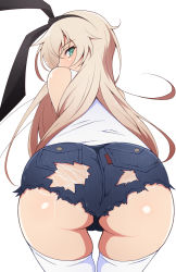 Rule 34 | 1girl, alternate costume, ass, blonde hair, denim, denim shorts, from behind, green eyes, hairband, highres, huge ass, kantai collection, long hair, nel-c, shimakaze (kancolle), shirt, short shorts, shorts, simple background, sleeveless, sleeveless shirt, solo, thighhighs, torn clothes, torn shorts, white background, white shirt, white thighhighs