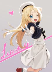 Rule 34 | 1girl, blonde hair, blue eyes, blue sailor collar, blush, dress, gloves, hat, heart, highres, jervis (kancolle), kantai collection, kawakami rokkaku, long hair, looking at viewer, mary janes, one eye closed, open mouth, sailor collar, sailor dress, sailor hat, shoes, short sleeves, smile, solo, standing, standing on one leg, v, white dress, white gloves, white hat