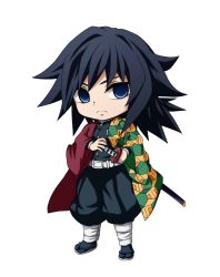 Rule 34 | 1boy, black hair, black jacket, black pants, blue eyes, chibi, closed mouth, eyebrows hidden by hair, fighting stance, full body, highres, jacket, katana, kimetsu no yaiba, kuena, long hair, long sleeves, looking at viewer, male focus, open clothes, pants, puffy pants, ready to draw, sheath, sheathed, simple background, solo, standing, sword, tomioka giyuu, v-shaped eyebrows, weapon, white background, wide sleeves