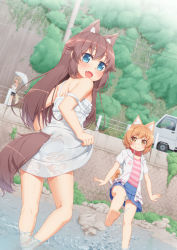 Rule 34 | 1boy, 3girls, animal ears, ass, bare legs, bare shoulders, barefoot, blue eyes, blush, brown hair, collar, commentary request, day, dog ears, dog tail, dress, fang, grass, highres, hood, hoodie, long hair, looking back, multiple girls, off shoulder, open mouth, original, outdoors, panties, pantyshot, pleated skirt, river, shirt, short hair, skirt, smile, soaking feet, standing, strap slip, striped clothes, striped shirt, sundress, tachimi (basue), tail, underwear, wading, water, wet, wet clothes, white dress, white panties