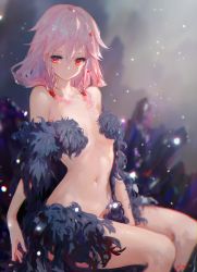 Rule 34 | 1girl, between legs, blurry, blurry background, breasts, collarbone, commentary request, crystal, depth of field, guilty crown, hair between eyes, hair ornament, hairclip, hand between legs, highres, kisei2, long hair, navel, nude, pink hair, red eyes, revision, signature, sitting, small breasts, solo, yuzuriha inori
