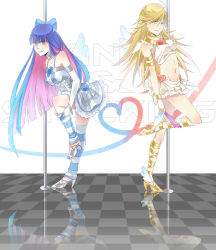 Rule 34 | 10s, 2girls, a821, alternate costume, bad id, bad pixiv id, blonde hair, blue eyes, blue hair, bow, corset, hair bow, high heels, jewelry, long hair, lots of jewelry, midriff, multiple girls, navel, panty &amp; stocking with garterbelt, panty (psg), sandals, shoes, siblings, sisters, skirt, smile, stocking (psg), striped clothes, striped thighhighs, thighhighs, wings