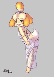Rule 34 | 1girl, alternate costume, animal crossing, animal ears, animal hands, artist name, ass, back, backless outfit, bare shoulders, barefoot, bell, blonde hair, blush stickers, breasts, brown eyes, buck teeth, dog ears, dog girl, dog tail, dress, female focus, from behind, full body, furry, furry female, grey background, hair bell, hair ornament, hair tie, happy, highres, isabelle (animal crossing), jingle bell, jpeg artifacts, leaning forward, looking back, looking to the side, nintendo, open mouth, see-through, short hair, signature, simple background, sleeveless, sleeveless dress, small breasts, smile, solo, standing, suenbroe, tail, teeth, topknot, white dress