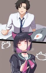 Rule 34 | 1boy, 1girl, absurdres, afrody, animal ears, black choker, black eyes, black hair, black jacket, blue archive, blue archive the animation, blue necktie, blush, cat ears, choker, closed mouth, collared shirt, colored inner hair, extra ears, green sailor collar, heart, highres, hood, hood down, hooded jacket, id card, jacket, kazusa (blue archive), long sleeves, multicolored hair, necktie, open mouth, pink hair, red eyes, sailor collar, sensei (blue archive), sensei (blue archive the animation), shirt, short hair, smile, spoken heart, tongue, tongue out, white shirt