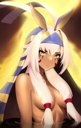 Rule 34 | 1girl, absurdres, convenient censoring, dark-skinned female, dark skin, fate/grand order, fate (series), hair censor, hair over breasts, highres, looking at viewer, nitocris (fate), nitocris alter (fate), nitocris alter (third ascension) (fate), partially submerged, phaethonvt, solo, upper body, water, white hair, yellow eyes