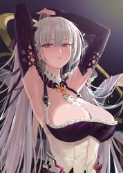 Rule 34 | 1girl, absurdres, armpits, arms up, azur lane, bare shoulders, between breasts, breasts, cleavage, detached collar, detached sleeves, dress, earrings, formidable (azur lane), freng, frilled dress, frills, gradient background, hair ribbon, half-closed eyes, highres, jewelry, large breasts, long hair, long sleeves, looking at viewer, parted lips, red eyes, revision, ribbon, silver hair, solo, twintails, upper body, white dress