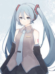 Rule 34 | 1girl, absurdres, bare shoulders, black skirt, blue background, blue hair, blue necktie, blurry, closed mouth, collared shirt, commentary request, cowboy shot, depth of field, detached sleeves, grey eyes, grey shirt, hatsune miku, headphones, headset, highres, light smile, long hair, looking at viewer, necktie, partial commentary, shiratakiseaice, shirt, skirt, sleeveless, sleeveless shirt, sleeves past wrists, soft focus, solo, tattoo, tie clip, twintails, two-tone background, very long hair, vocaloid, white background