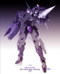 Rule 34 | arm cannon, assault visor, character name, copyright name, ebikawa kanetake, full body, glowing, gradient background, gundam, gundam suisei no majo, highres, holding, holding polearm, holding weapon, lance, looking at viewer, mecha, michaelis (mobile suit), polearm, robot, signature, solo, weapon