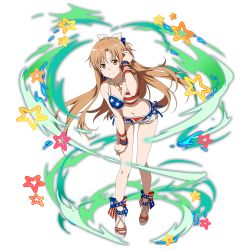 Rule 34 | 1girl, american flag bikini, ankle bow, ankle ribbon, asuna (sao), belt, bikini, bikini bottom only, blue ribbon, bow, bracelet, breasts, brown eyes, brown hair, cleavage, collarbone, feet, flag print, floating hair, full body, hair bow, hand in own hair, hand on lap, highres, jewelry, leaning forward, leg ribbon, long hair, looking at viewer, medium breasts, micro shorts, navel, necklace, open clothes, open shorts, print bikini, print bow, red bikini, ribbon, short shorts, shorts, solo, standing, star (symbol), star print, striped bikini, striped bow, striped clothes, swimsuit, sword art online, transparent background, very long hair, white bow, white shorts