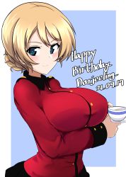 Rule 34 | 1girl, absurdres, aikir (jml5160), blonde hair, blue background, blue eyes, braid, breast hold, breasts, character name, closed mouth, commentary, cup, darjeeling (girls und panzer), dated, english text, girls und panzer, happy birthday, highres, holding, holding cup, holding saucer, jacket, large breasts, light blush, long sleeves, looking at viewer, military, military uniform, outside border, red jacket, saucer, short hair, smile, solo, st. gloriana&#039;s military uniform, teacup, uniform