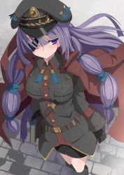 Rule 34 | 1girl, alternate costume, alternate hairstyle, blush, book, boots, coat, collaboration, colorized, eyepatch, gloves, hair ribbon, hat, long hair, military, military uniform, multi-tied hair, patchouli knowledge, purple eyes, purple hair, ribbon, shishamo@, skirt, solo, sukage, touhou, twintails, uniform, very long hair