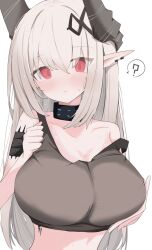 Rule 34 | 1girl, ?, absurdres, arknights, bare shoulders, black collar, black horns, black tank top, blush, breasts, collar, collarbone, commentary request, demon girl, demon horns, grabbing own breast, highres, horns, infection monitor (arknights), large breasts, looking at viewer, material growth, mudrock (arknights), mudrock (elite ii) (arknights), nui (nuinui0300), open mouth, oripathy lesion (arknights), pointy ears, red eyes, simple background, solo, spoken question mark, strap slip, sweat, tank top, white background
