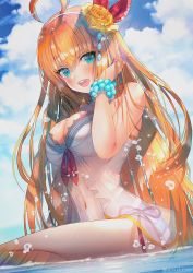 Rule 34 | 1girl, :d, ahoge, bare arms, bare shoulders, bead bracelet, beads, bikini, blonde hair, blue eyes, blue sky, blurry, bracelet, breasts, cleavage, cleavage cutout, clothing cutout, cloud, cloudy sky, day, depth of field, flower, hair flower, hair ornament, hanato (seonoaiko), hand up, highres, jewelry, large breasts, long hair, looking at viewer, navel, open mouth, outdoors, pecorine (princess connect!), pecorine (summer) (princess connect!), princess connect!, rainbow, rose, side-tie bikini bottom, sky, smile, solo, stomach, swimsuit, thighs, twitter username, very long hair, water, white bikini, yellow flower