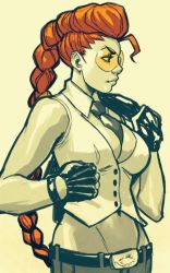 Rule 34 | 1girl, ahoge, bad id, bad tumblr id, between breasts, braid, breasts, capcom, cleavage, crimson viper, gloves, groin, large breasts, lips, long hair, midriff, navel, necktie, necktie between breasts, pompadour, red hair, robaato, safety glasses, single braid, sleeveless, solo, street fighter, street fighter iv (series), sunglasses, tinted eyewear, vest, yellow-tinted eyewear