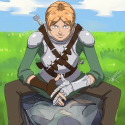 Rule 34 | 1boy, armor, berserk, blonde hair, blue eyes, blue sky, closed mouth, grass, highres, judeau (berserk), levi art, looking at viewer, male focus, meme, one piece, outdoors, parted bangs, portuguese commentary, rock, shoulder armor, signature, sitting, sitting on rock, sky, solo, the one piece is real (meme), trafalgar law