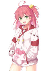 Rule 34 | 1girl, absurdres, ahoge, alternate costume, bell, blush, cat, cherry blossom print, collarbone, fang, floral print, green eyes, hair bell, hair between eyes, hair ornament, hairclip, hands in pockets, highres, hololive, hood, hoodie, jacket, kintoki (sakura miko), long hair, looking at viewer, one side up, open mouth, paw print, paw print pattern, petal print, pink cat, pink hair, sakura miko, sakura miko (1st costume), solo, starkamisan, tongue, virtual youtuber, white background, x hair ornament, zzz