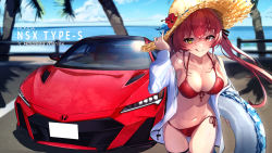 Rule 34 | 1girl, :q, absurdres, bare shoulders, bikini, black ribbon, blush, breasts, car, character name, cleavage, closed mouth, collarbone, commentary request, day, flower, front-tie bikini top, front-tie top, hair ribbon, halterneck, hand on headwear, hat, hat flower, hat ornament, heterochromia, highres, hololive, honda, honda nsx, houshou marine, innertube, jacket, large breasts, long sleeves, looking at viewer, motor vehicle, navel, off shoulder, open clothes, open jacket, outdoors, parking lot, red bikini, red eyes, red flower, red hair, red ribbon, ribbon, side-tie bikini bottom, smile, solo, straw hat, string bikini, swim ring, swimsuit, thigh strap, tongue, tongue out, twintails, vehicle focus, virtual youtuber, white jacket, yellow eyes, you&#039;a
