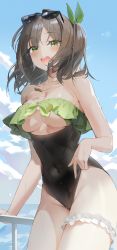 Rule 34 | 1girl, :d, absurdres, bad id, bad twitter id, bare arms, bare shoulders, black-framed eyewear, black one-piece swimsuit, breasts, bridal garter, brown hair, choyeon, cleavage, collarbone, covered navel, cowboy shot, eyewear on head, green eyes, hair intakes, hair ribbon, highleg, highleg swimsuit, highres, jewelry, large breasts, long hair, looking at viewer, necklace, one-piece swimsuit, open mouth, ribbon, smile, solo, sunglasses, swimsuit, thighs, two side up, underboob, v-lup, virtual youtuber, wet