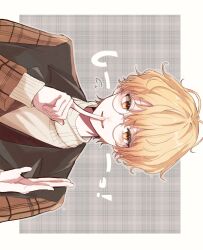 Rule 34 | 1boy, blonde hair, border, coat, commentary request, finger to mouth, glasses, gradient hair, high collar, highres, index finger raised, lapels, long sleeves, male focus, multicolored hair, open mouth, orange eyes, orange hair, plaid, project sekai, rk prpr, round eyewear, short hair, solo, sweater, tenma tsukasa, turtleneck, turtleneck sweater, wavy hair, white border