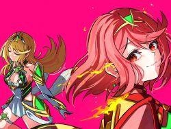 2girls bare_shoulders blonde_hair breasts chest_jewel closed_eyes dress earrings elbow_gloves gloves grin headpiece jewelry long_hair looking_at_viewer medium_breasts milo_monzon multiple_girls mythra_(xenoblade) pyra_(xenoblade) red_hair short_hair smile sparkle swept_bangs teeth tiara xenoblade_chronicles_(series) xenoblade_chronicles_2 yellow_eyes