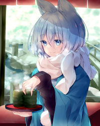 Rule 34 | 1girl, animal ear fluff, animal ears, black shirt, blue eyes, blue hair, bridge, closed mouth, commentary request, copyright request, cup, day, hair between eyes, hand up, holding, holding tray, kabocha usagi, long sleeves, open clothes, railing, scarf, shirt, smile, solo, steam, tea, tray, upper body, virtual youtuber, white scarf, wide sleeves, yunomi