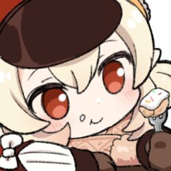 Rule 34 | 1girl, black gloves, blonde hair, bow, closed mouth, emoticon, food, food on face, genshin impact, gloves, klee (genshin impact), long sleeves, lowres, marimo jh, red eyes, sidelocks, smile, solo, transparent background, twintails, white bow
