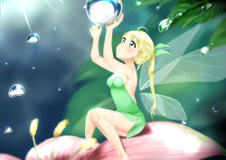 Rule 34 | 1girl, absurdres, ahoge, arms up, backless dress, backless outfit, bare arms, bare shoulders, blonde hair, blurry, blurry background, blush, braid, breasts, cleavage, commentary request, depth of field, detached wings, dress, facing away, fairy, fairy wings, flower, green dress, green eyes, green ribbon, hair ribbon, highres, long hair, looking up, medium breasts, mini person, minigirl, no bra, on flower, original, parted lips, pink flower, ponytail, ribbon, segawa luna, single braid, sitting, solo, strapless, strapless dress, very long hair, water drop, wings