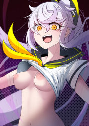 Rule 34 | 1girl, akaoni (zumt3548), azur lane, breasts, clothes lift, commentary request, crazy smile, hair between eyes, highres, looking at viewer, medium breasts, navel, neckerchief, nipples, open mouth, ponytail, purifier (azur lane), sailor collar, shirt, shirt lift, short sleeves, silver hair, siren (azur lane), smile, solo, stomach, teeth, tongue, upper body, upper teeth only, white shirt, yellow neckerchief