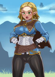 Rule 34 | 1girl, belt, black pants, blonde hair, blush, braid, breasts, cameltoe, cleft of venus, commentary request, crown braid, gluteal fold, grass, green eyes, hair ornament, hairclip, hands on own hips, large breasts, medium breasts, mizuryu kei, nintendo, open mouth, outdoors, pants, parted bangs, pointy ears, princess zelda, short hair, solo, teeth, textless version, the legend of zelda, the legend of zelda: tears of the kingdom, upper teeth only, variant set