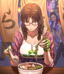 Rule 34 | 1boy, 2girls, artist self-insert, beer can, bespectacled, bowl, braid, breasts, brown hair, can, casual, chopsticks, cleavage, collarbone, commentary, drink can, drunk, egg, english commentary, fingerless gloves, fogged glasses, food, glasses, gloves, green gloves, han soo-min (hanny), hanny (uirusu chan), highres, holding, holding chopsticks, hood, hood down, julia chang, kamaboko, large breasts, lei wulong, low twin braids, meat, medium hair, multiple girls, namco, narutomaki, noodles, plaid, plaid shirt, print shirt, ramen, red-framed eyewear, sapporo beer, shirt, solo focus, soup, spoon, steam, sweat, tekken, tekken 2, tekken 3, tekken 7, truth, twin braids