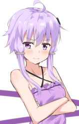 Rule 34 | 1girl, ahoge, bad id, bad pixiv id, bare arms, bare shoulders, blush, breasts, closed mouth, collarbone, commentary request, criss-cross halter, crossed arms, dress, hair between eyes, hair ornament, halterneck, highres, kohakope, long hair, looking at viewer, purple dress, purple eyes, purple hair, short hair with long locks, sidelocks, small breasts, solo, voiceroid, yuzuki yukari