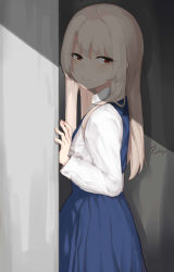 Rule 34 | 1girl, absurdres, blue skirt, closed mouth, collared shirt, fate/kaleid liner prisma illya, fate/stay night, fate (series), hair between eyes, highres, illyasviel von einzbern, light brown hair, long hair, long sleeves, looking at viewer, looking to the side, pear sauce, red eyes, shirt, signature, skirt, solo, suspender skirt, suspenders, white shirt