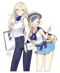 Rule 34 | 2girls, alternate costume, arm grab, artist name, artist request, bag, bare shoulders, blonde hair, blouse, blue eyes, blue hair, blue ribbon, blush, breasts, commandant teste (kancolle), commentary request, cowboy shot, fashion, flower, hair between eyes, handbag, hat, holding, holding bag, jewelry, kantai collection, kinsenka momi, long hair, medium breasts, mole, mole under eye, multicolored hair, multiple girls, official alternate costume, open mouth, pants, parted lips, pointing, red hair, ribbon, richelieu (kancolle), ring, round teeth, scarf, shirt, shopping bag, shoulder bag, simple background, skirt, sleeveless, sleeveless shirt, smile, sparkle, sparkling eyes, standing, streaked hair, sunflower, sunglasses, sunglasses removed, teeth, watch, white background, white hair, white shirt, wristband, wristwatch