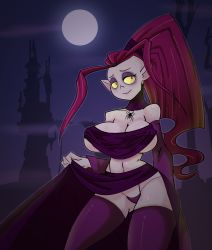 Rule 34 | 1girl, breasts, castle, colored sclera, gruftine, herny, highres, large breasts, long hair, monster girl, moon, panties, pointy ears, ponytail, red hair, school for vampires, smile, thighhighs, underwear, vampire, yellow sclera