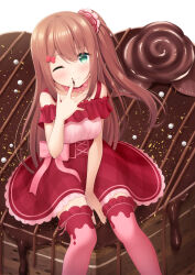 Rule 34 | 1girl, 7fuji 06, between legs, blue eyes, blush, bow, brown hair, cake, chocolate, chocolate on hand, collar, commentary, detached collar, dress, flower, flower-shaped chocolate, food, food on hand, frilled collar, frilled thighhighs, frills, hair bow, hair ornament, hair scrunchie, hand between legs, hand to own mouth, highres, long hair, looking at viewer, on food, one eye closed, one side up, original, plaid, plaid dress, rose, scrunchie, sitting, sitting on food, smile, solo, thighhighs, underbust, valentine, very long hair