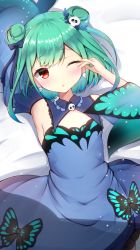 Rule 34 | 1girl, ;o, armpits, bare shoulders, bed sheet, blue bow, blue dress, blue sleeves, blush, bow, bug, butterfly, commentary request, detached sleeves, double bun, dress, green hair, hair bow, hair bun, hair ornament, hand up, highres, hololive, insect, long sleeves, looking at viewer, lying, on back, one eye closed, parted lips, pillow, red eyes, skull hair ornament, sleeveless, sleeveless dress, solo, uruha rushia, uruha rushia (1st costume), virtual youtuber, ymd (holudoun)