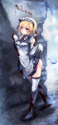 Rule 34 | 1girl, aya brea, blonde hair, blood, blood stain, blue eyes, breast poke, breasts, clothes lift, highres, long image, maid, maid headdress, mamuru, parasite eve, parasite eve the 3rd birthday, poking, short hair, skirt, skirt lift, solo, tall image, thighhighs, white thighhighs