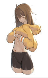 Rule 34 | 1girl, ahoge, bike shorts, breast conscious, breast lift, brown hair, commentary request, guilty gear, guilty gear strive, hair intakes, highres, hood, hood down, hoodie, lifting own clothes, may (guilty gear), medium hair, navel, orange eyes, orange hoodie, simple background, solo, white background, zaki (narashigeo)