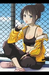 Rule 34 | 1girl, bare shoulders, black hair, black pants, blush, breasts, candy, chain-link fence, cleavage, collarbone, crossed legs, day, fence, food, green eyes, hair bun, highres, holding, holding candy, holding food, holding lollipop, jacket, jchoy, letterboxed, lollipop, long sleeves, looking at viewer, medium breasts, no socks, off shoulder, open clothes, open jacket, original, outdoors, pants, pink footwear, shoes, sidelocks, single hair bun, sitting, sleeves past wrists, solo, teeth, track jacket, upper teeth only, yellow jacket