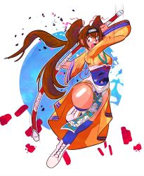 Rule 34 | 1girl, brown hair, commentary, drewprints, eiyuu densetsu, english commentary, estelle bright, forehead protector, full body, headband, highres, holding, holding staff, holding weapon, japanese clothes, kimono, long hair, open mouth, red eyes, sen no kiseki, shoes, sneakers, solo, sora no kiseki, staff, twintails, weapon