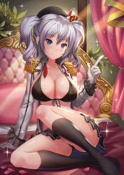 Rule 34 | 10s, 1girl, arm support, armor, bikini, black bikini, black socks, blue eyes, breasts, cleavage, front-tie top, gloves, highres, kantai collection, kashima (kancolle), large breasts, long hair, looking at viewer, pauldrons, shiny skin, shoulder armor, silver hair, skindentation, skirt, smile, socks, solo, sunlight, swimsuit, tako seijin, thighs, twintails, white gloves
