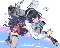 Rule 34 | 1girl, adapted turret, aqua bow, aqua bowtie, black hair, blazer, bow, bowtie, breasts, cannon, full body, gegeron, grey thighhighs, hair between eyes, hair down, hairband, hat, highres, jacket, kantai collection, large breasts, long hair, long sleeves, looking at viewer, machinery, mast, military uniform, multicolored hair, naganami (kancolle), naganami kai ni (kancolle), naval uniform, peaked cap, pink hair, rigging, school uniform, smile, smokestack, solo, standing, standing on liquid, thighhighs, torpedo launcher, torpedo tubes, turret, two-tone hair, uniform, wavy hair, white hairband, yellow eyes