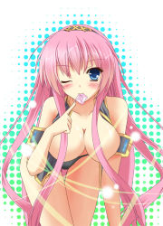 Rule 34 | 1girl, blue eyes, blush, breasts, censored, condom, condom in mouth, convenient censoring, hair censor, hair over breasts, kurochima, large breasts, long hair, megurine luka, mouth hold, one eye closed, pink hair, solo, vocaloid, wink