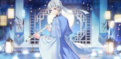 Rule 34 | 1boy, afterl!fe, androgynous, blue eyes, closed mouth, cloud, instrument, instrument request, japanese clothes, kimono, long hair, looking at viewer, looking back, male focus, mole, mole under eye, night, night sky, nine (afterl!fe), official art, ponytail, second-party source, sky, smile, solo, white hair