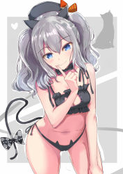 Rule 34 | 10s, 1girl, animal ears, bare shoulders, black bra, black panties, blue eyes, blush, bow, bowtie, bra, breasts, cat cutout, cat ear panties, cat ears, cat lingerie, cat tail, cleavage, cleavage cutout, clothing cutout, cowboy shot, frilled bra, frills, kantai collection, kashima (kancolle), large breasts, long hair, looking at viewer, meme attire, navel, panties, side-tie panties, silver hair, smile, solo, st on, tail, tsurime, twintails, underwear, underwear only, wavy hair