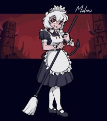 Rule 34 | 1girl, alternate costume, apron, black dress, black footwear, black nails, blush, broom, character name, commentary, demon girl, demon horns, demon tail, dress, enmaided, full body, helltaker, holding, holding broom, horns, looking at viewer, maid, maid apron, maid headdress, malina (helltaker), mateus upd, nail polish, neck ribbon, nose blush, pantyhose, puffy short sleeves, puffy sleeves, red eyes, red ribbon, ribbon, shoes, short hair, short sleeves, solo, tail, white hair, white pantyhose, wrist cuffs